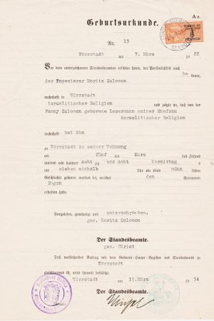 Geburtsurkunde von Eugen Salomon. Ausgestellt in Wörrstadt (Quelle Quelle Stolpersteine-mainz.de / Privat)